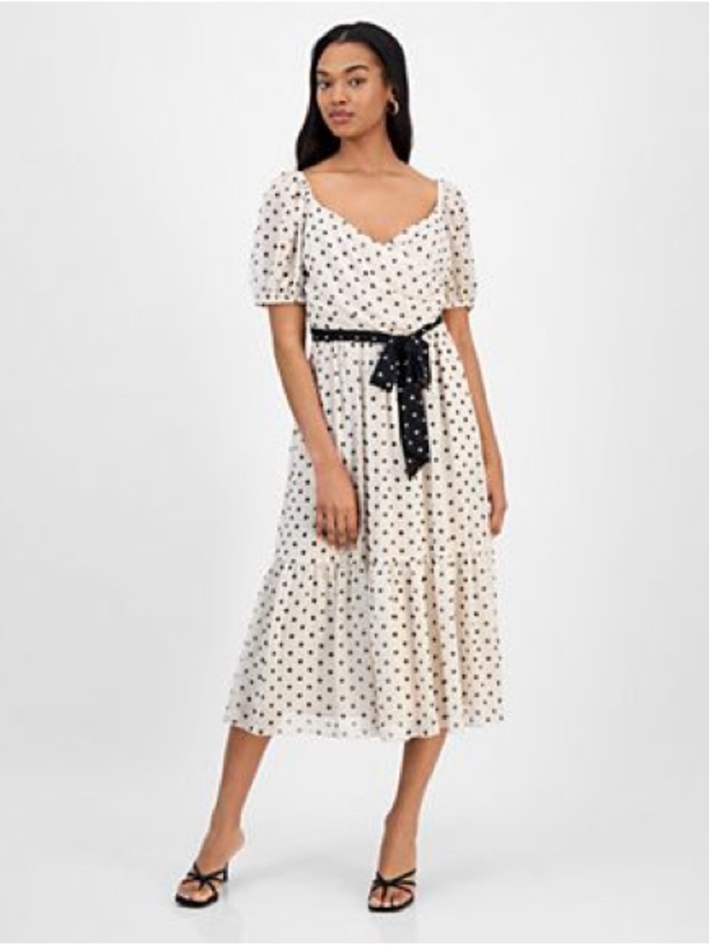 julia jordan Ivory Polka Dot Midi Dress with Black Tie